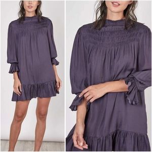 The Impeccable Pig Ruffled Smocked Satin Babydoll Dress Size M